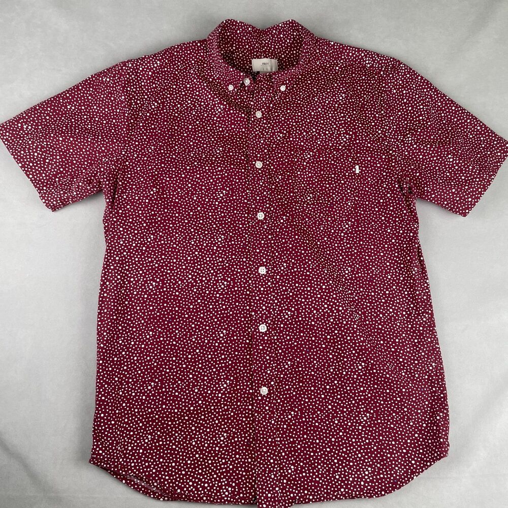 OBEY Mens M Short Sleeve Cotton Button Down Shirt Burgundy Polka Dot Summer